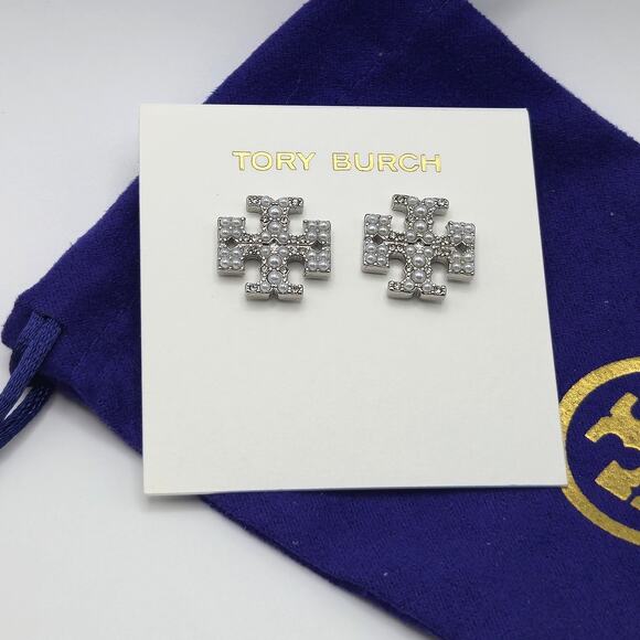 NEW Tory Burch Kira Pearl Pave Crystal Logo Stud Earrings Silver Gift Classic - Picture 1 of 4